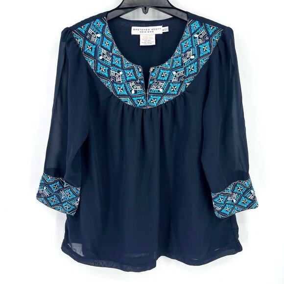 Gretchen Scott Embroiered Beaded Boho Tunic Top Womens Size Large Blue - Picture 1 of 6